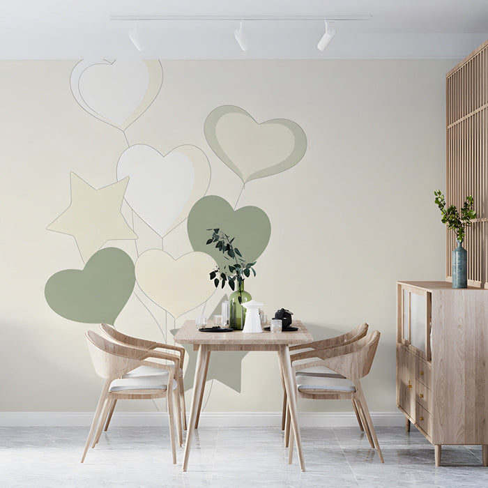 The floating heart and star wallpaper installed in a bright, cozy nursery with a white crib.