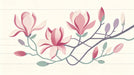 Vector style illustration of pink magnolia flowers on winding sage green branches against a pale cream wall