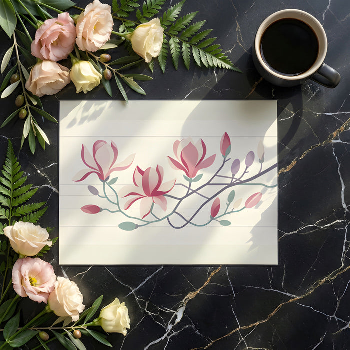 Bright dining room with floral branch wallpaper and soft pink accents on walls