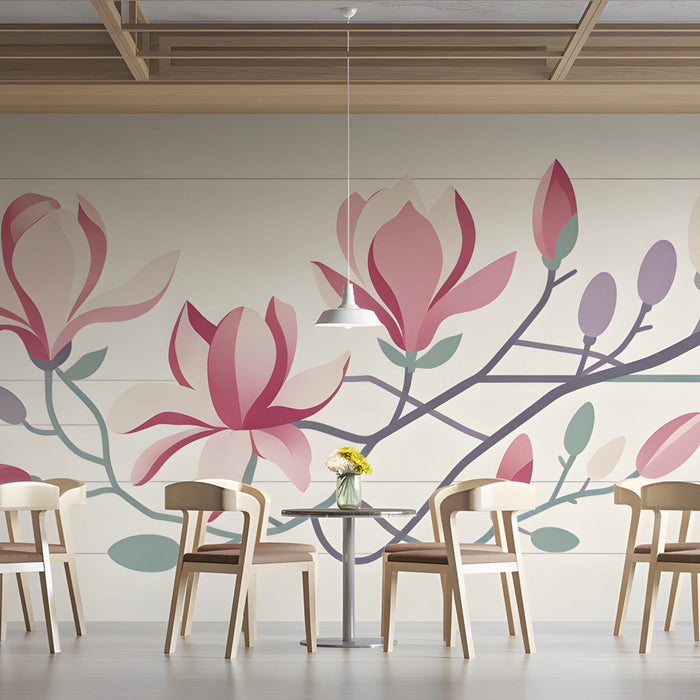 Light-filled cafe space with botanical wall mural and simple wooden desk furniture
