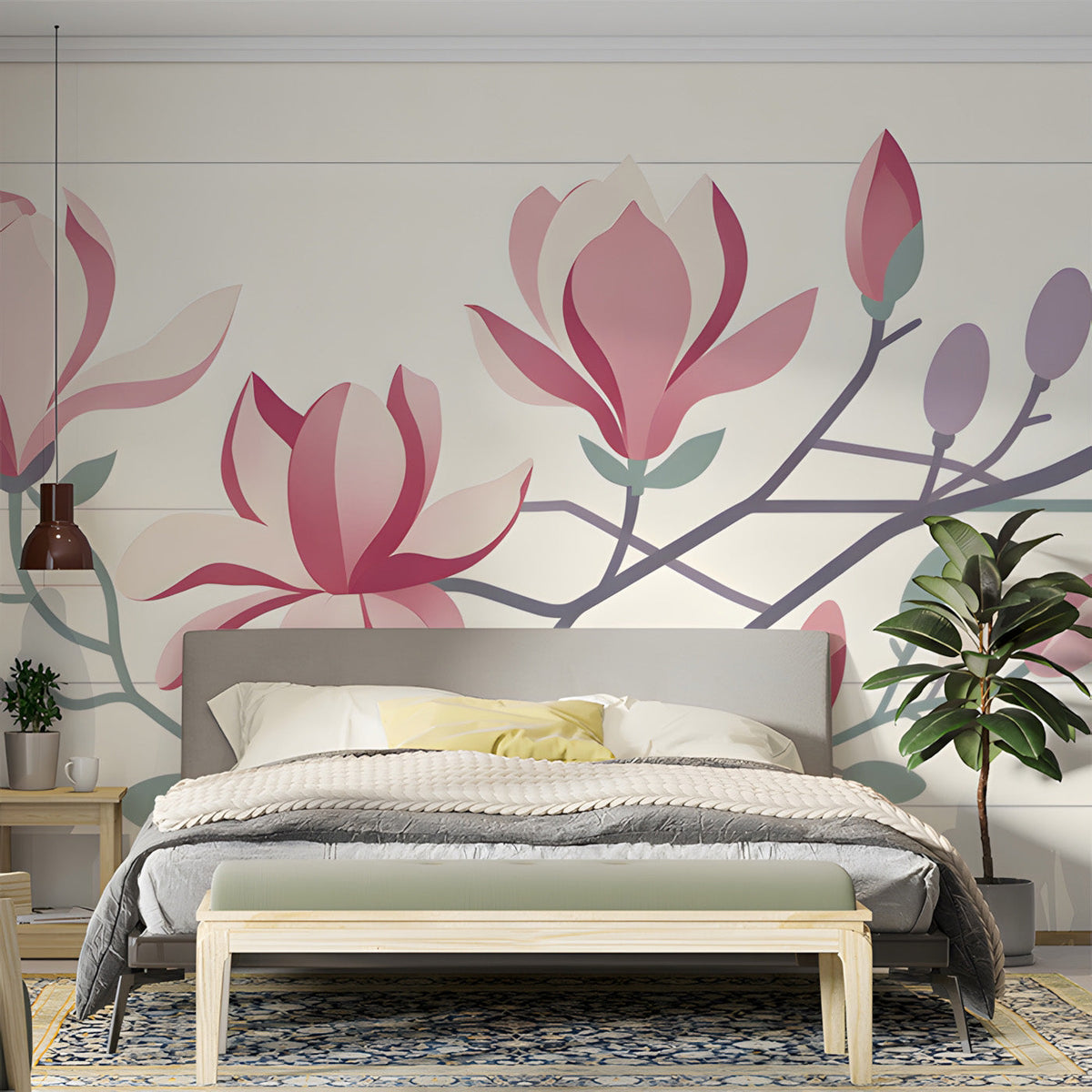 Minimalist Magnolia Mural Wallpaper | Soft Pink Floral Wall Art
