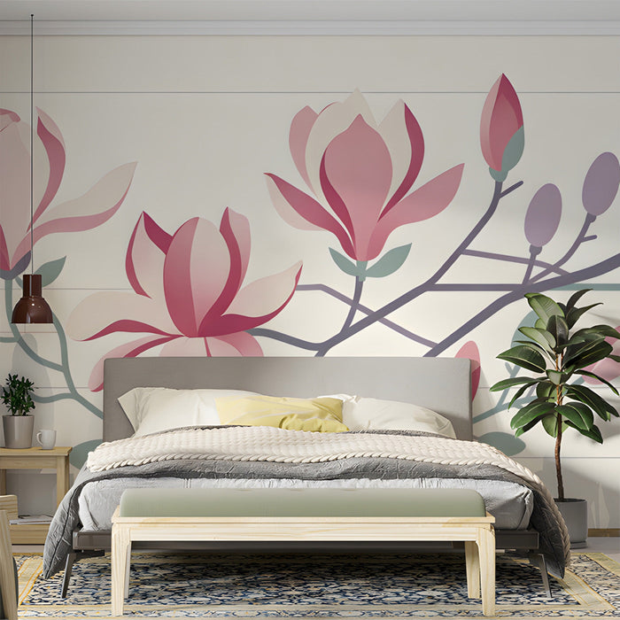 Modern bedroom featuring magnolia flower mural wallpaper above a minimalist white wooden bed frame