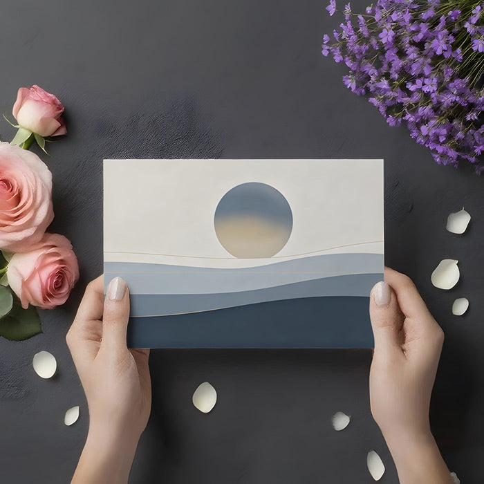 Relaxing bedroom interior featuring a soft blue and gold horizon landscape mural
