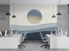 Modern office with a serene abstract sunset mural on the main feature wall
