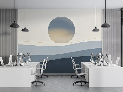 Modern office with a serene abstract sunset mural on the main feature wall