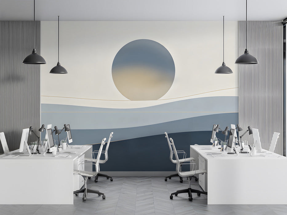 Modern office with a serene abstract sunset mural on the main feature wall