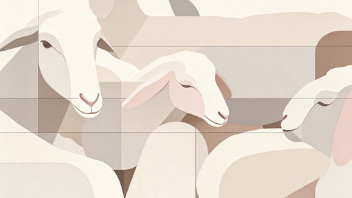 Abstract pattern featuring simplified white and beige sheep shapes overlapping in a geometric minimalist style