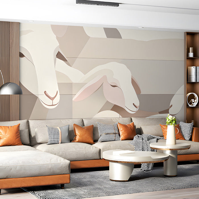 A cozy living room featuring a soft neutral sheep mural on the primary wall with light wooden furniture