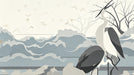 A minimalist wallpaper pattern featuring herons in charcoal gray, soft blue wave silhouettes, and gold bird accents on a cream background.