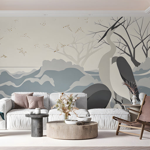 A minimalist home office space with the heron and wave mural creating a quiet, focused backdrop behind a desk.