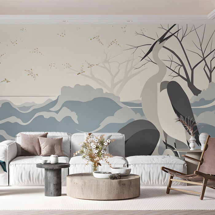 A minimalist home office space with the heron and wave mural creating a quiet, focused backdrop behind a desk.
