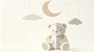 Minimalist paper-cut style illustration of a teddy bear sitting under a crescent moon and clouds in beige and off-white tones.