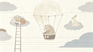 A soft-toned wall mural featuring a fox on a ladder, a bear in a balloon, and a rabbit resting on gray clouds against a cream background.