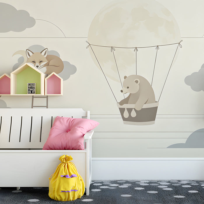 A calm play area with the whimsical animal mural on the wall, styled with neutral wooden toys and natural light.