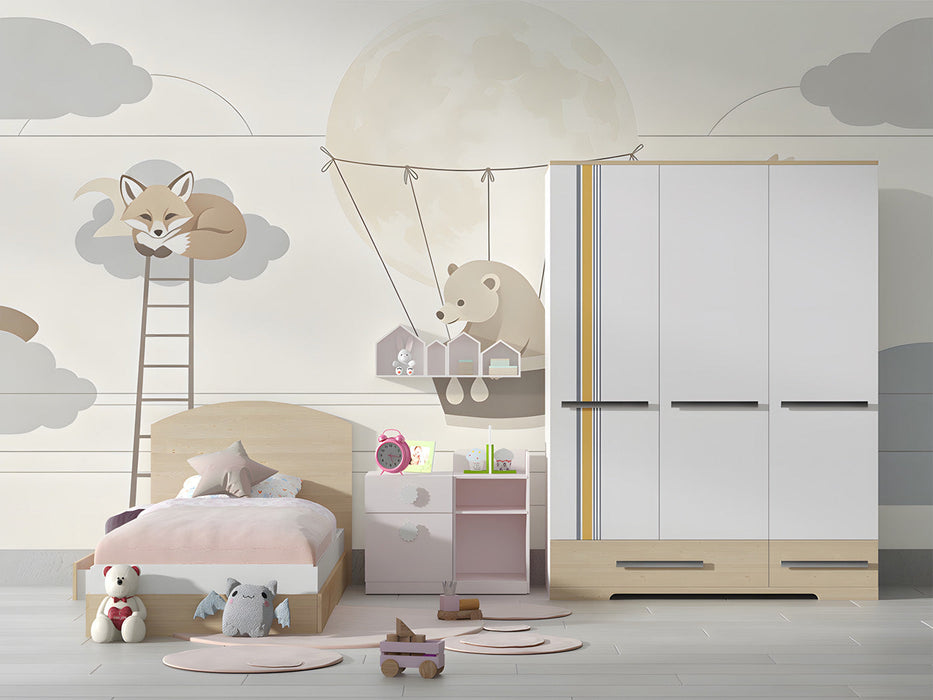 A cozy nursery room featuring the forest friends mural above a white wooden crib and soft beige rug.