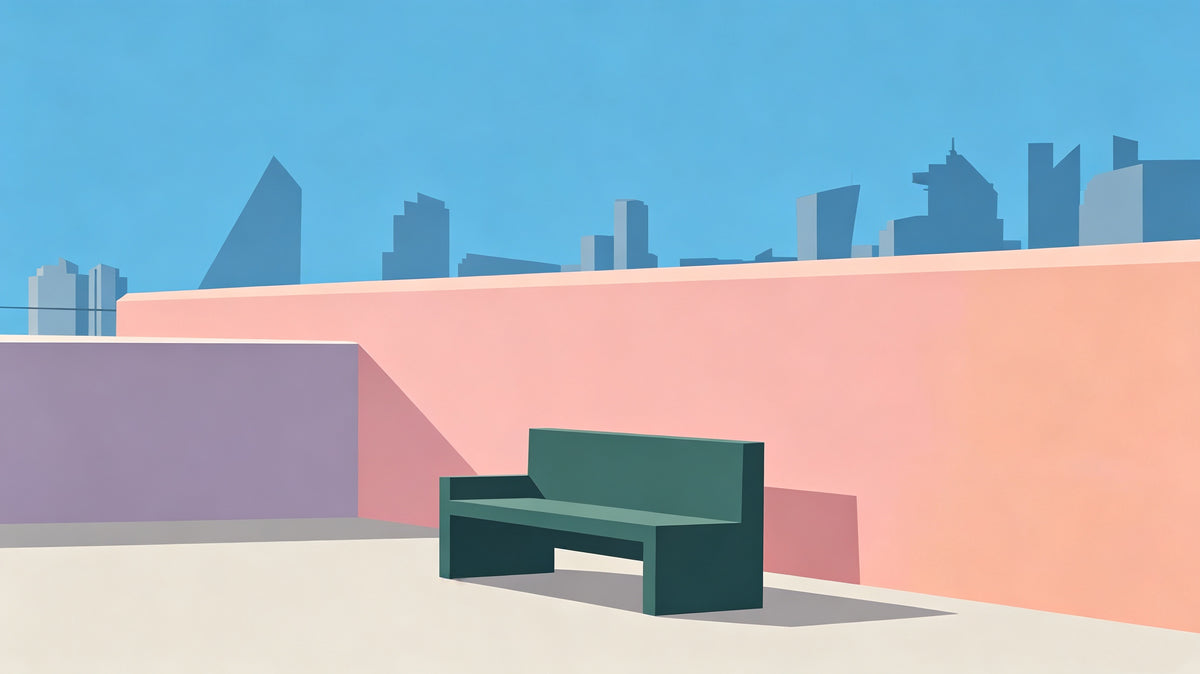 A graphic wallpaper design featuring a city skyline, peach terrace walls, and a dark green bench under a clear blue sky.