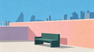 A graphic wallpaper design featuring a city skyline, peach terrace walls, and a dark green bench under a clear blue sky.