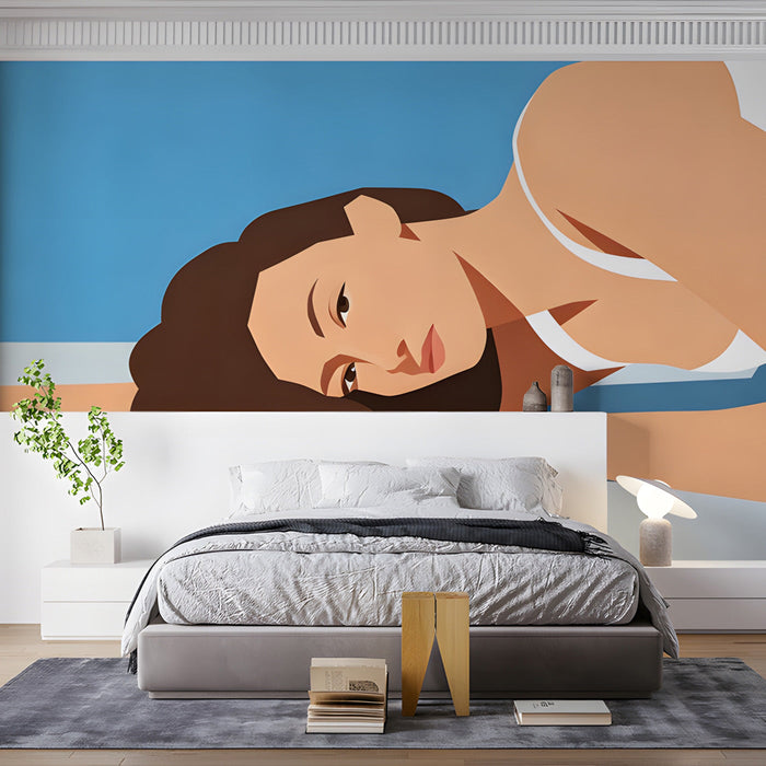 Modern bedroom featuring a minimalist figure mural wallpaper behind a sleek wooden desk