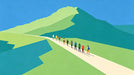 Graphic landscape wallpaper featuring a winding path toward a mountain under a clear blue sky