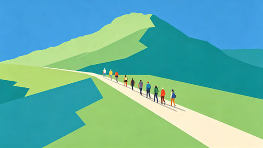 Graphic landscape wallpaper featuring a winding path toward a mountain under a clear blue sky