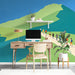 Study wall decorated with geometric mountain scenery in bright green tones