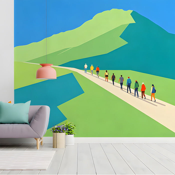 Minimalist entryway with mountain mural on a large accent wall behind a white sofa