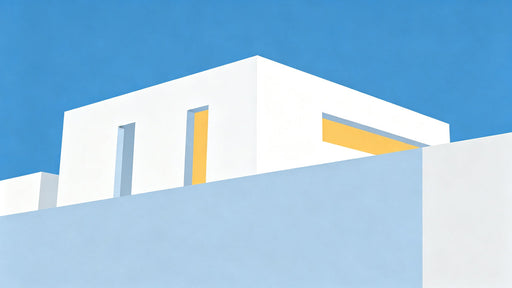 Minimalist architectural wallpaper featuring white buildings against a clear blue sky