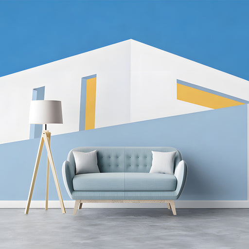 Clean and airy entryway with a minimalist building facade wall mural