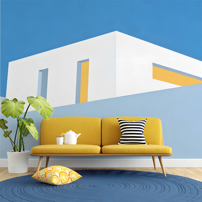 Modern entryway space with an architectural blue and white building wall mural