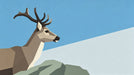 A flat vector-style graphic of a stag with antlers, composed of geometric shapes in blue, taupe, and gray colors.