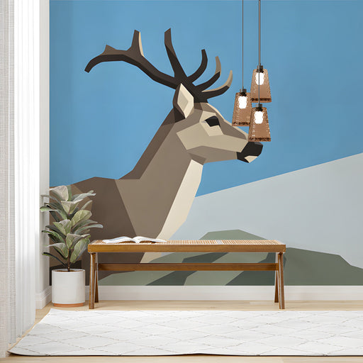 Modern study interior featuring the geometric deer mural for a calm and artistic wall decor theme.
