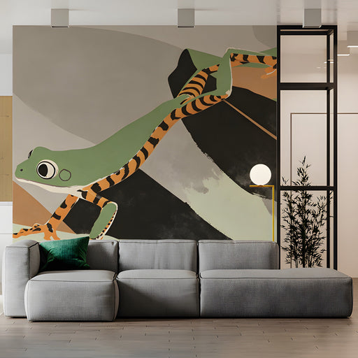 Contemporary commercial space with abstract frog mural as a unique feature wall
