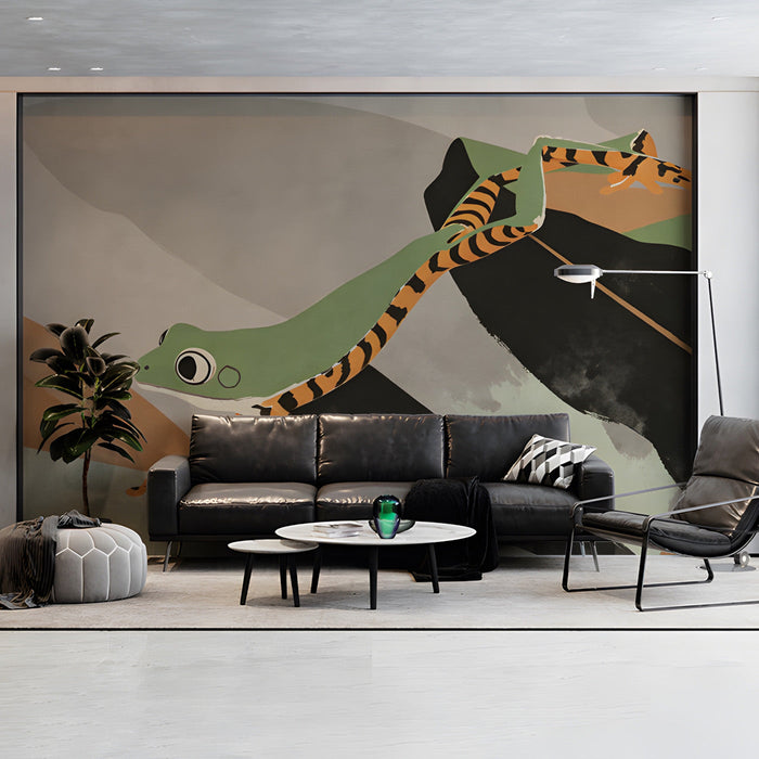 Modern living room featuring a large scale abstract tree frog mural on a neutral wall