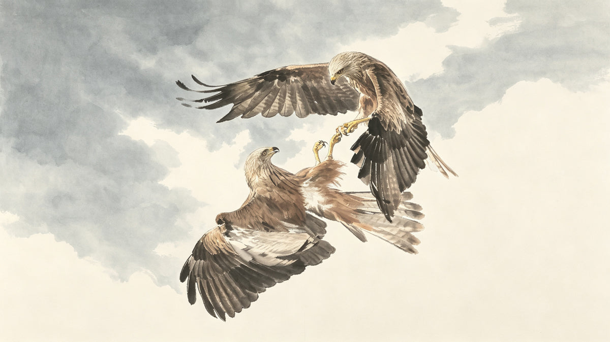 Watercolor illustration of two brown eagles locking talons in a stormy gray sky