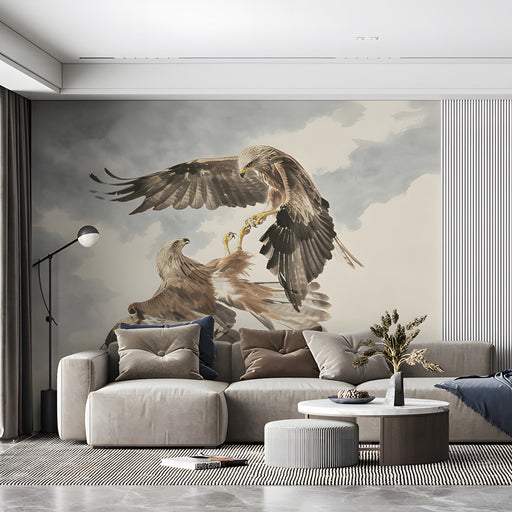 Traditional commercial room showcasing an artistic watercolor bird wallpaper