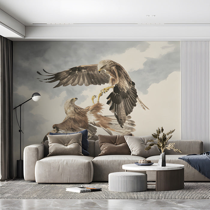 Traditional commercial room showcasing an artistic watercolor bird wallpaper