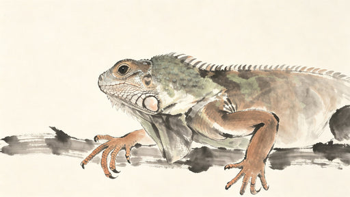 A detailed ink wash painting of an iguana in green and brown tones on a branch against a light cream background