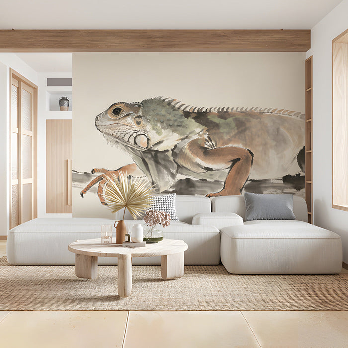 Decorative lizard wall mural behind a wooden commercial space