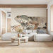 Decorative lizard wall mural behind a wooden commercial space