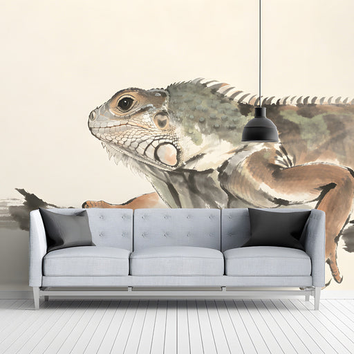 Iguana ink wash wall mural installed in a bright modern home office