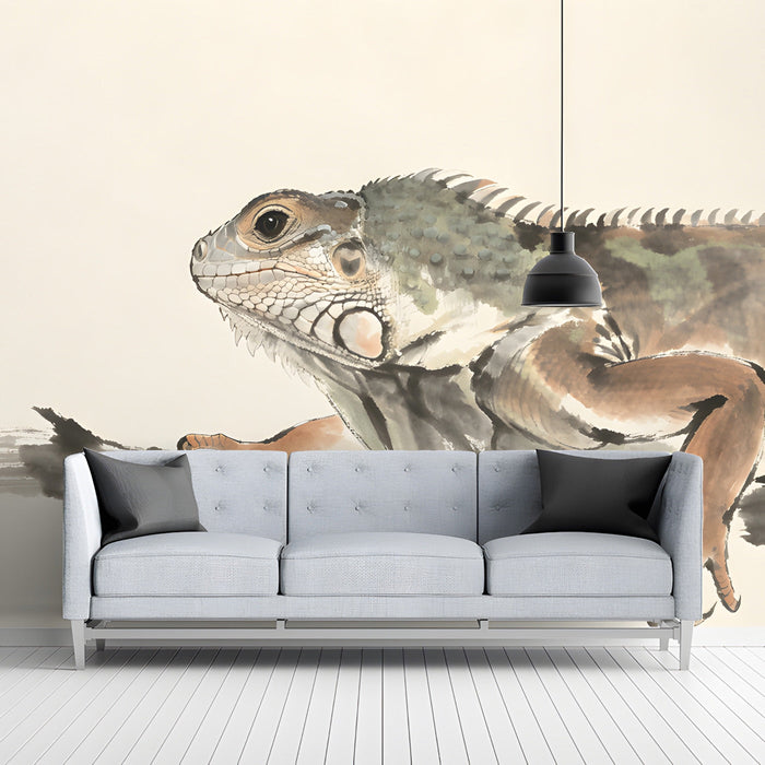Iguana ink wash wall mural installed in a bright modern home office