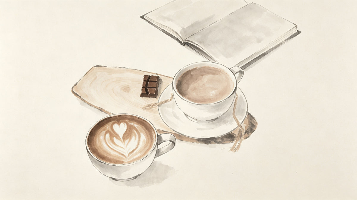 Watercolor illustration of two coffee cups, a piece of chocolate, and an open book on a wooden board against white.