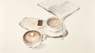 Watercolor illustration of two coffee cups, a piece of chocolate, and an open book on a wooden board against white.
