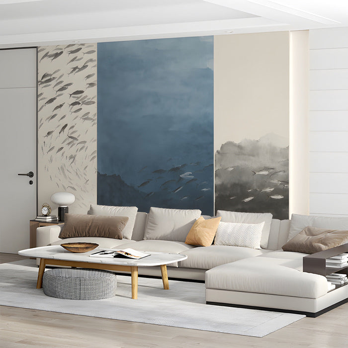Living room interior showing a artistic school of fish mural with minimalist furniture