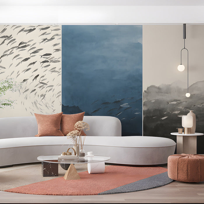 Modern living room featuring an ink wash fish mural on the main accent wall