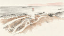 Watercolor landscape mural featuring a white lighthouse on a tan headland with ocean views