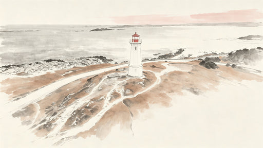Watercolor landscape mural featuring a white lighthouse on a tan headland with ocean views