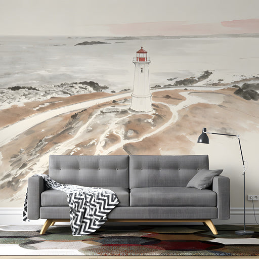 Minimalist living room with a scenic lighthouse wallpaper behind a simple desk