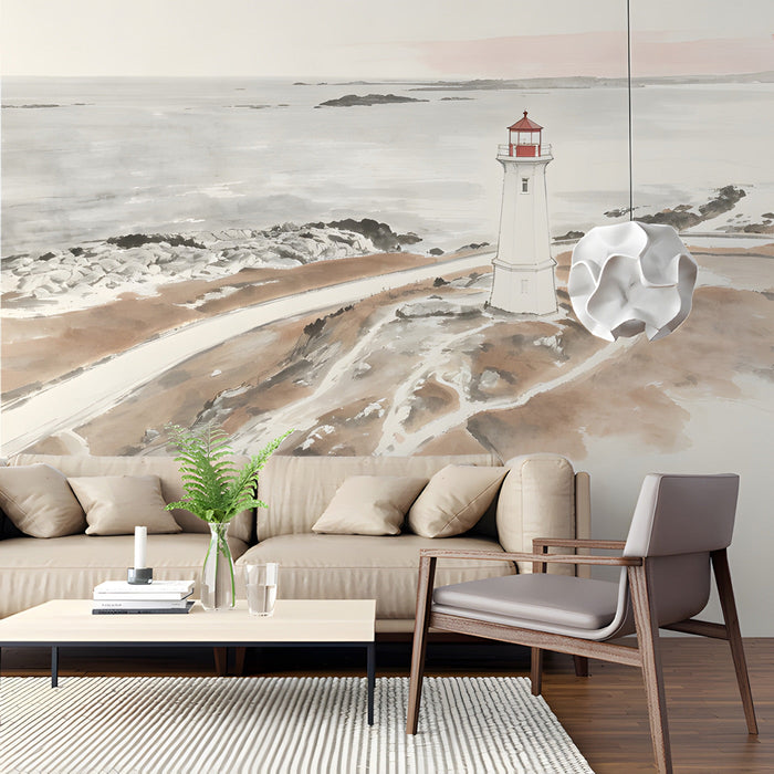 Living room wall featuring a serene lighthouse mural as a calming feature wall