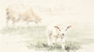 Watercolor mural of a sheep and lamb grazing in a misty, soft-toned meadow with cream and sage green washes.